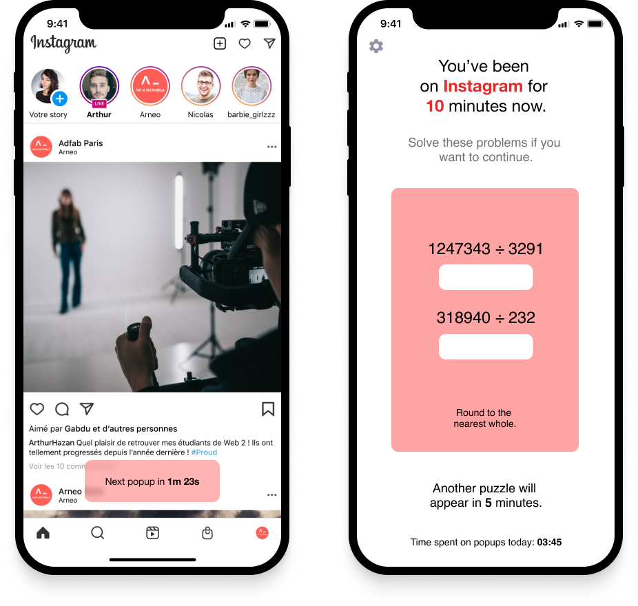 Screen showing countdown timer on Instagram page, and screen with division problem prompts